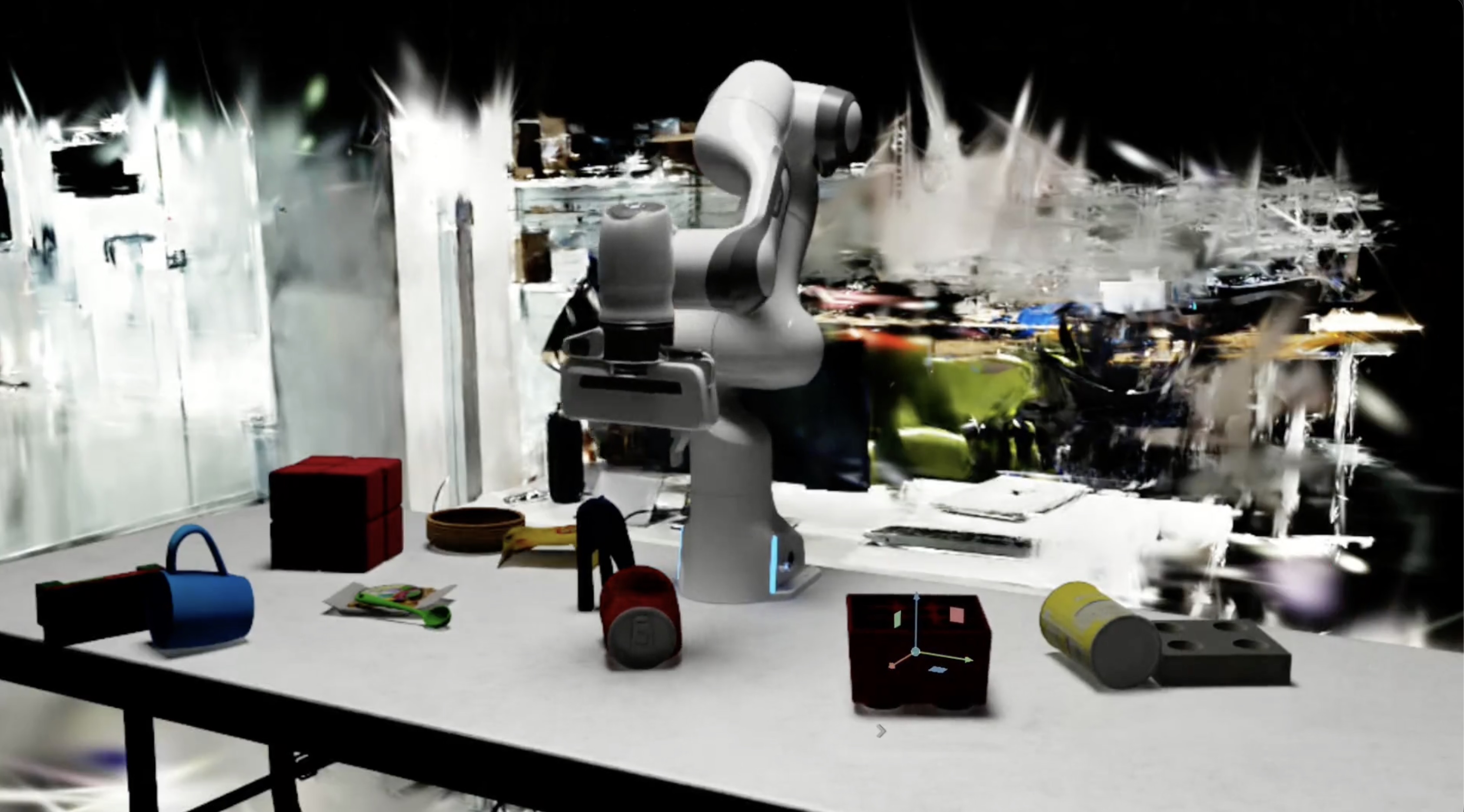 Robot arm evaluating object interaction in a reconstructed scene